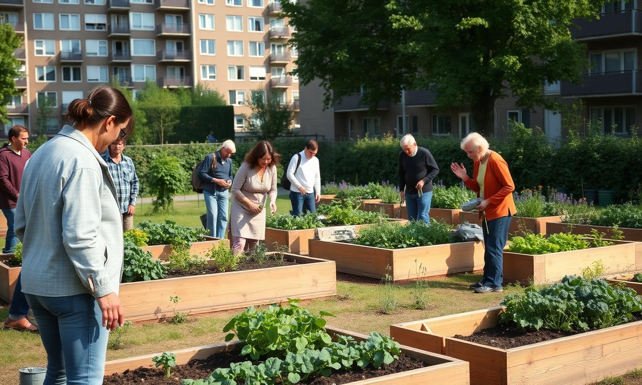 Buurtmoestuin waar bewoners samen groente verbouwen in bakken tussen de woonblokken