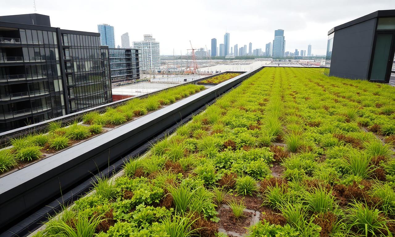 Groen dak met sedum en grassen op een gebouw met de Rotterdamse skyline en haven op de achtergrond