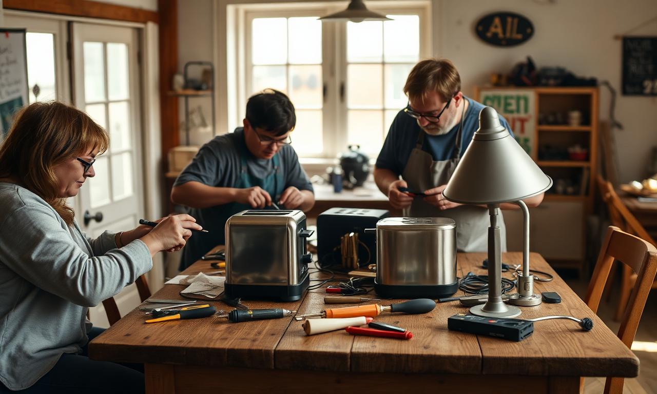 Repair cafe waar bezoekers samen met vrijwilligers een broodrooster en een lamp repareren